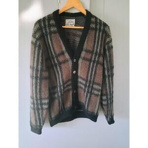vintage Alps 100% Virgin wool knit cardigan Shaggy eclectic grandpa plaid medium